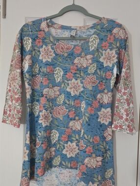 Floral Scoop-Neck Womens Top - Blue with Pink Flowers
